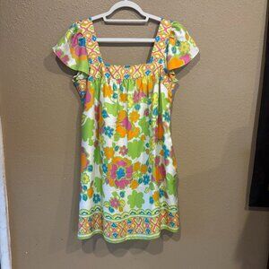 Milly Retro Floral Cotton Square Neck Dress | Size 8